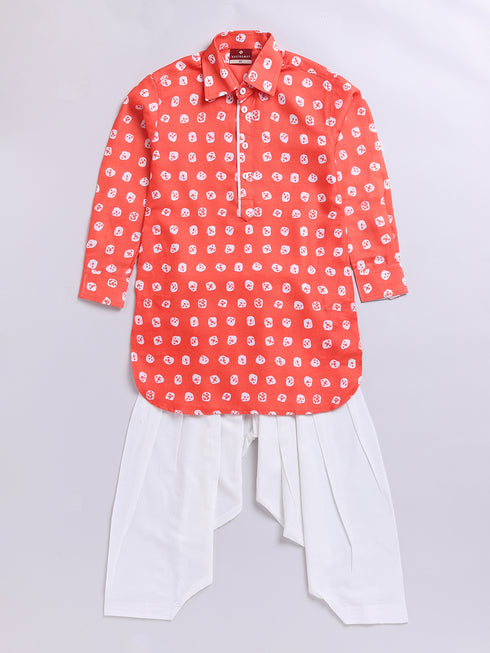 Boy's Orange Floral Linen Slub Kurta Patiala Set