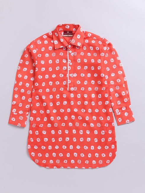 Boy's Orange Floral Linen Slub Kurta Patiala Set