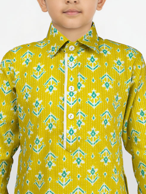 Boy's Mehendi Green Kurta And Pyjama Set