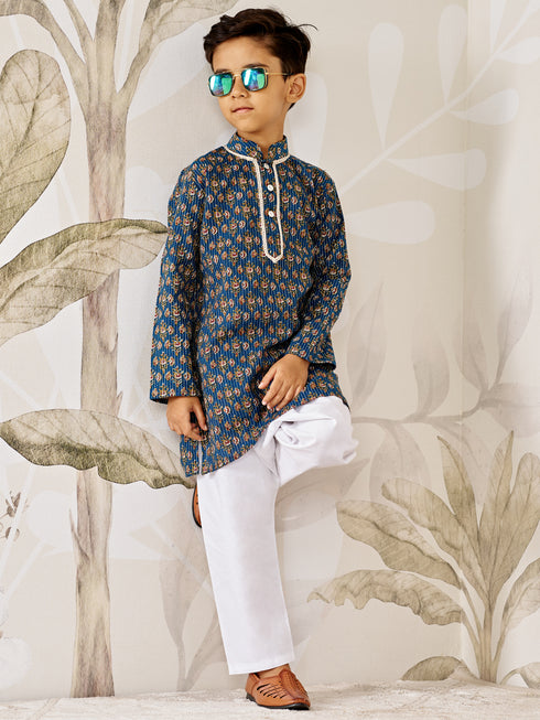 Boy's Blue Cotton Kurta Pyjama Set