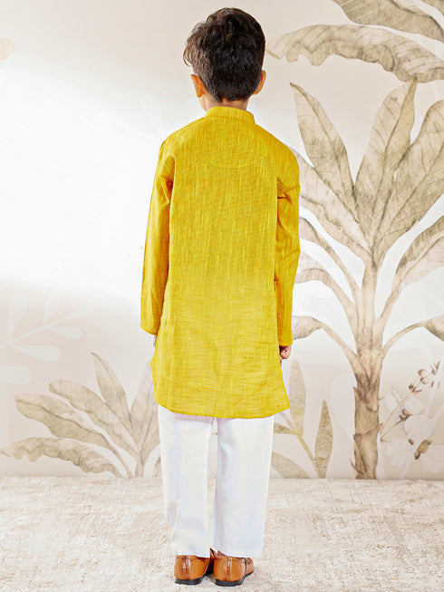 Boy's Mustard Embroidered Cotton Kurta Pyjama Set