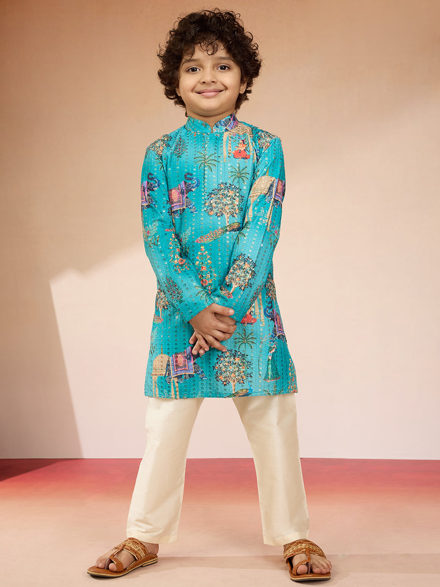 Blue Bandhani Print Silk Kurta with Fun Embroidered Joker and Blue Pyjama for Boys main image 1