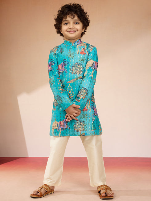 Boys Blue Sequin Kurta Pajama Set