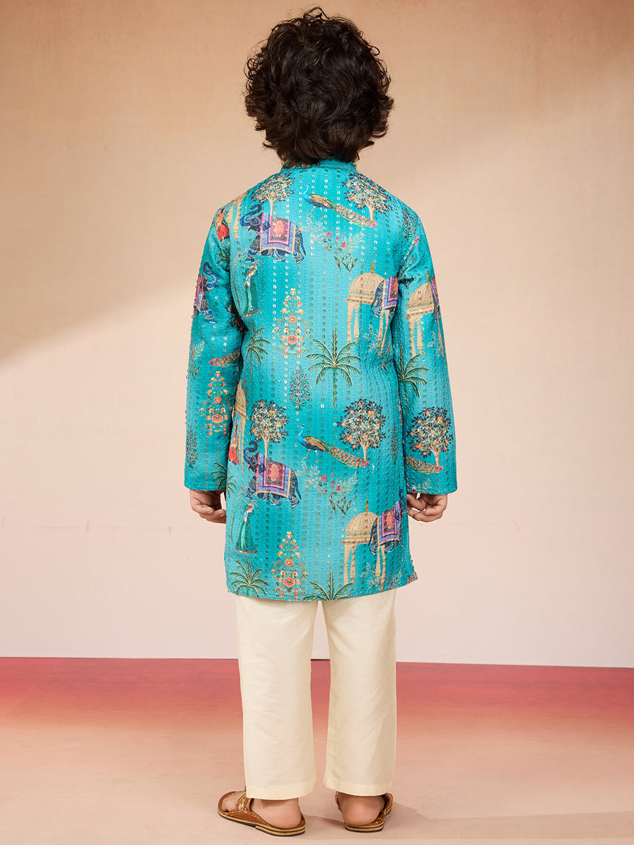 Blue Royale Boys Floral Print Jacket And Kurta Pajama Set