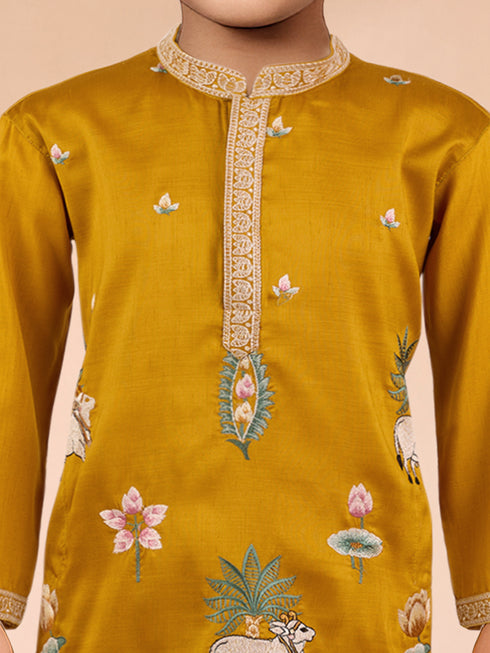 Boys Mustard Silk Kurta Pajama Set