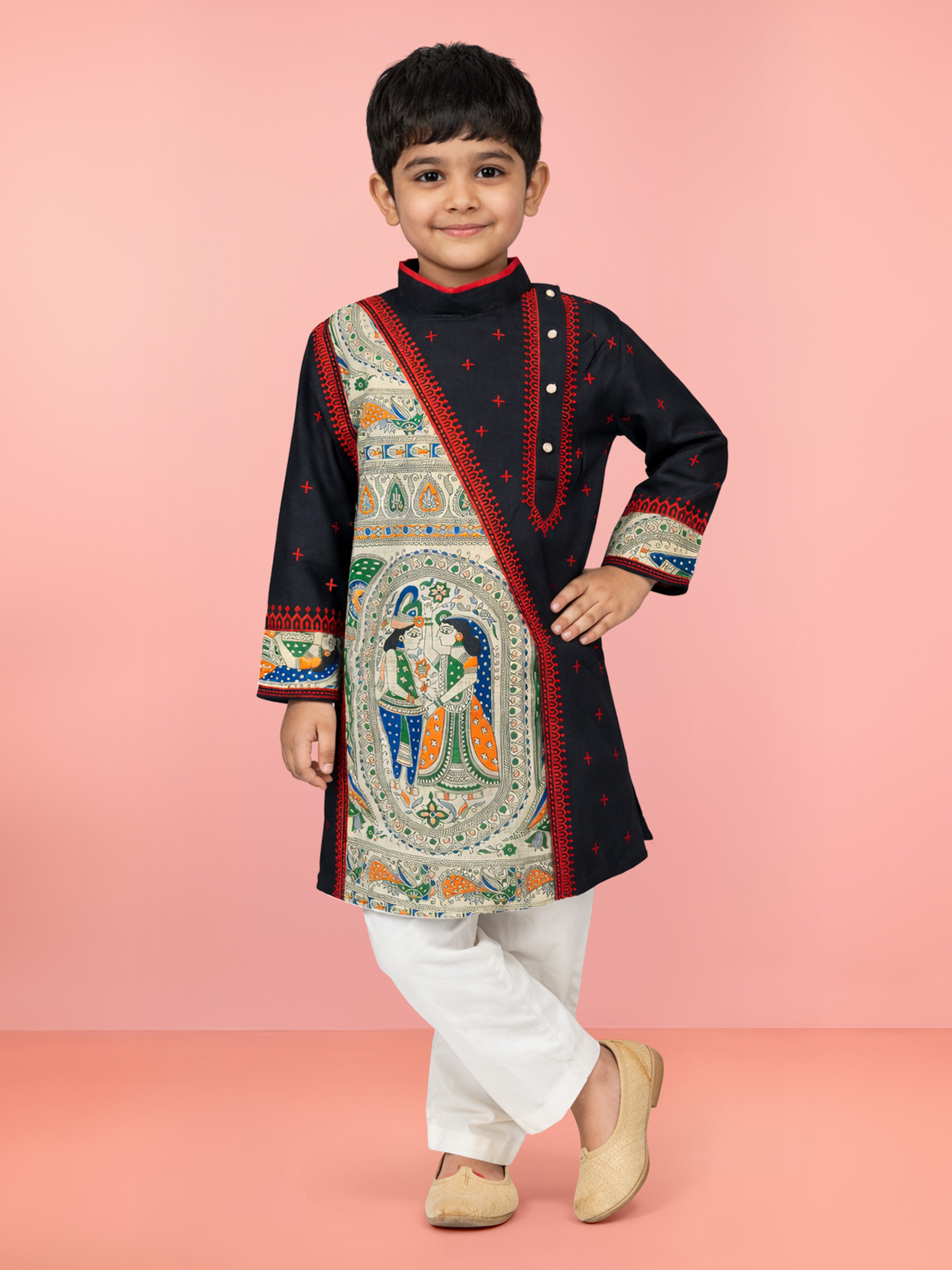 Boys Black Cotton Embroidered Kurta Pyjama Set