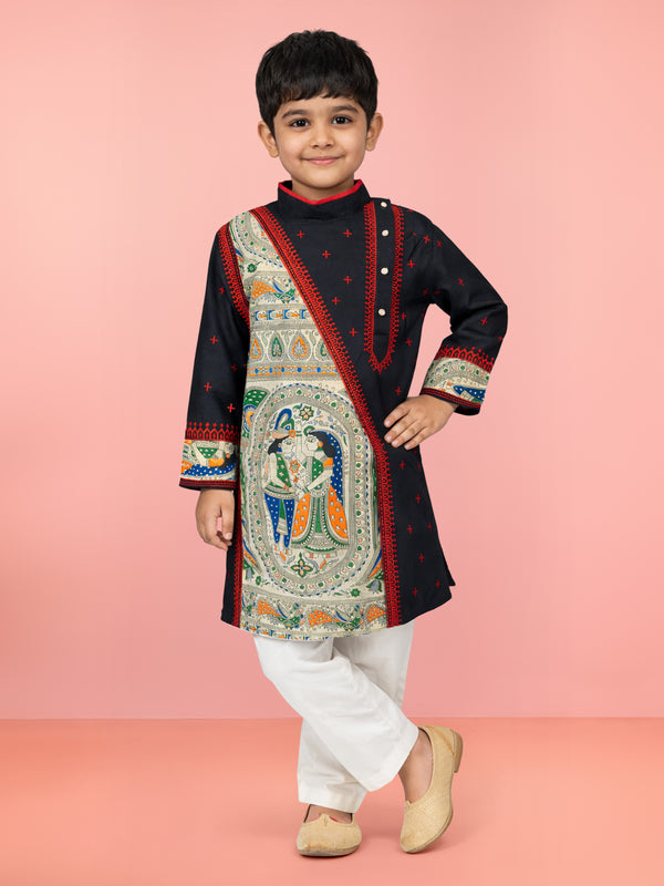 Boys Black Cotton Embroidered Kurta Pyjama Set