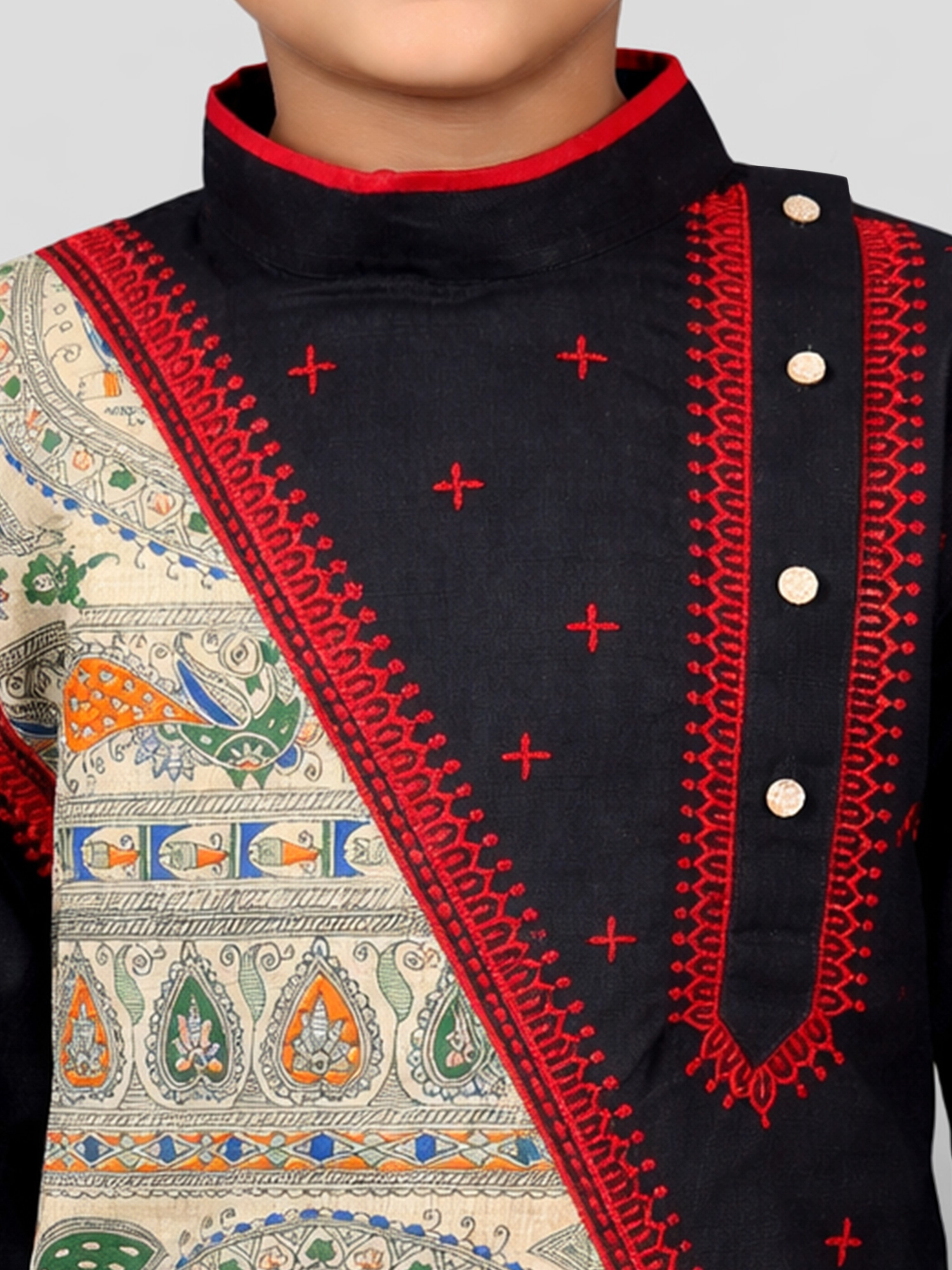 Boys Black Cotton Embroidered Kurta Pyjama Set