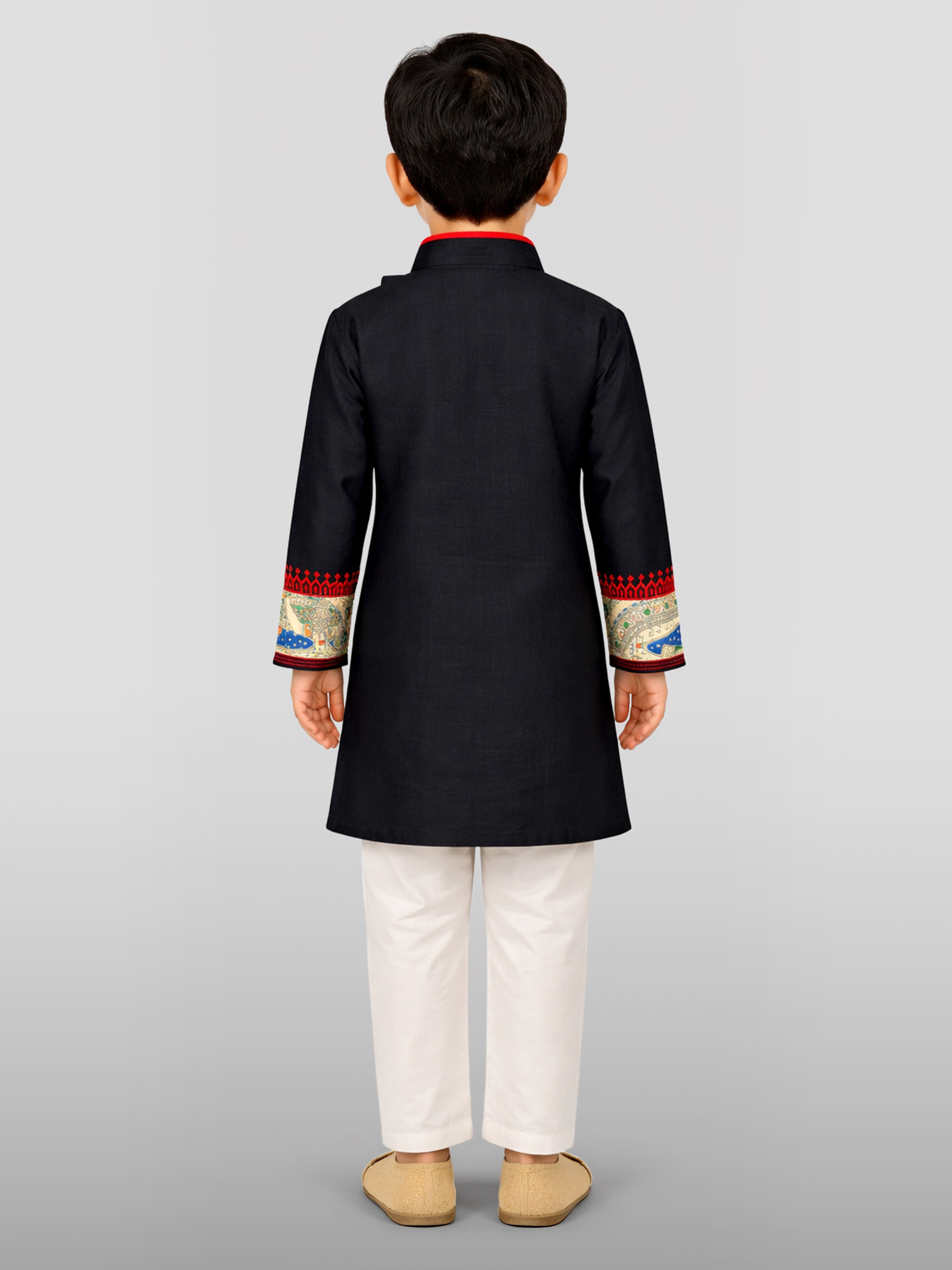 Boys Black Cotton Embroidered Kurta Pyjama Set