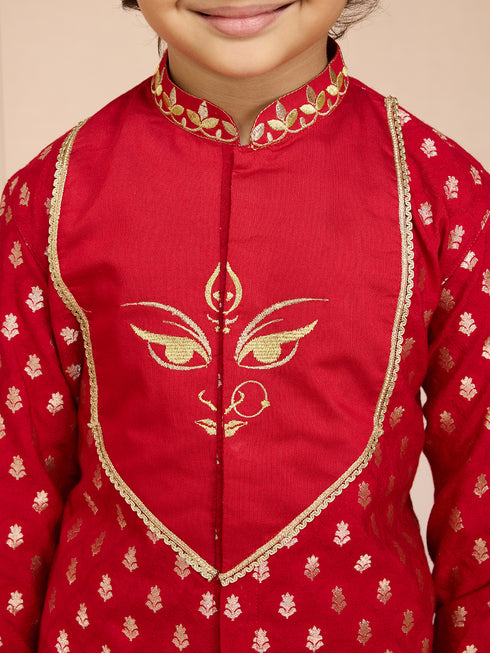 Boys Red Viscose Zari Embroidered Kurta with Dhoti Set