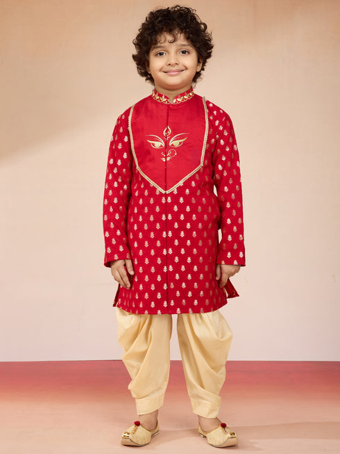 Boys Red Viscose Zari Embroidered Kurta with Dhoti Set