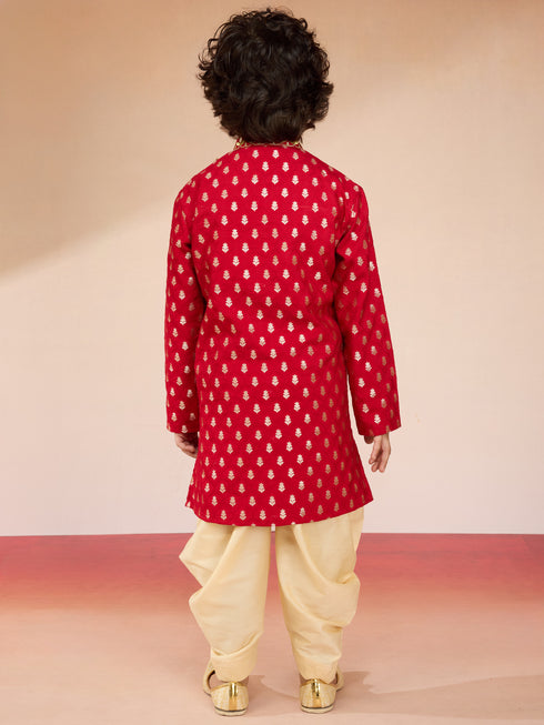 Boys Red Viscose Zari Embroidered Kurta with Dhoti Set