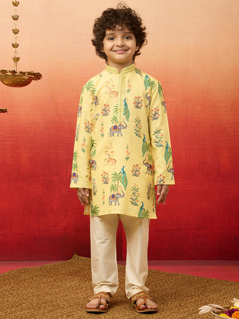 Boys Yellow Rayon Animal Print Kurta with Cream Pyjama Set