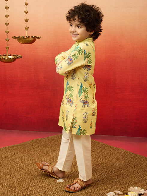Boys Yellow Rayon Animal Print Kurta with Cream Pyjama Set