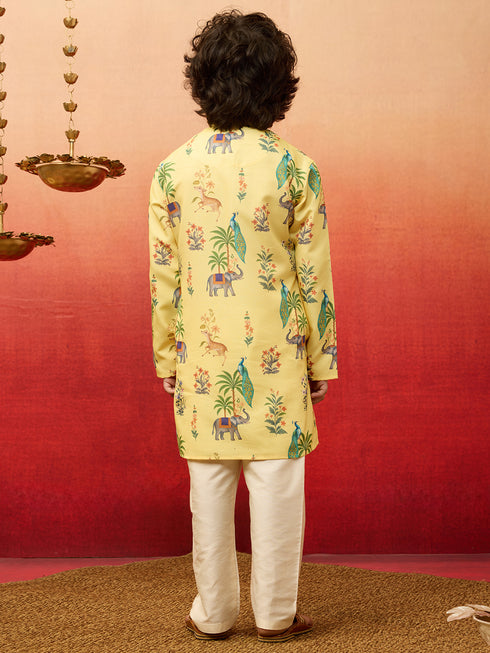 Boys Yellow Rayon Animal Print Kurta with Cream Pyjama Set