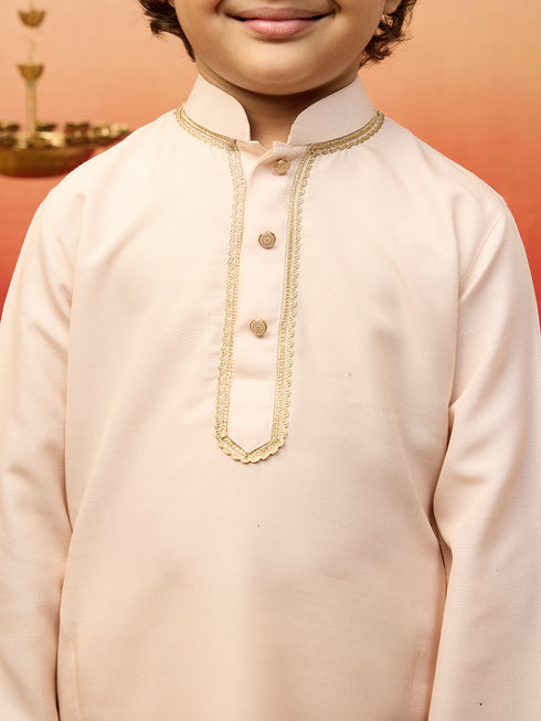 Boys Beige Rayon Elephant Giraffe Print Kurta with Cream Pyjama Set