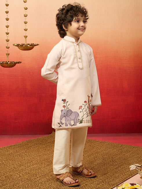 Boys Beige Rayon Elephant Giraffe Print Kurta with Cream Pyjama Set