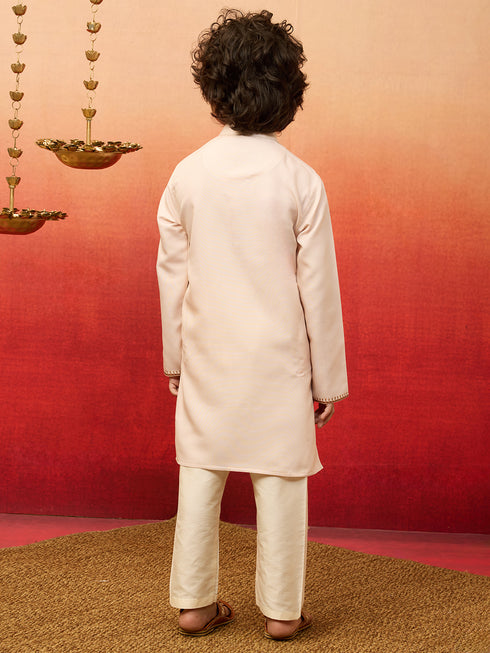 Boys Beige Rayon Elephant Giraffe Print Kurta with Cream Pyjama Set