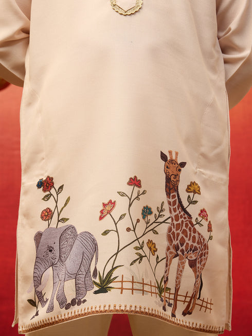 Boys Beige Rayon Elephant Giraffe Print Kurta with Cream Pyjama Set