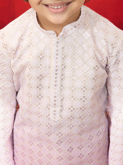 Boys Onion Embroidered Cotton Kurta with Cream Pyjama