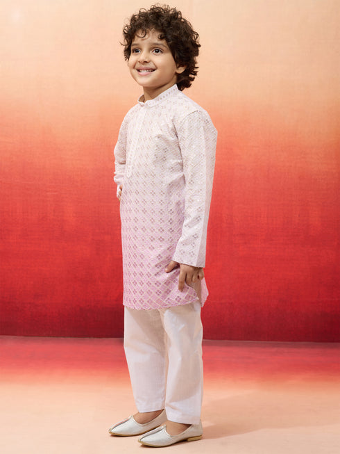 Boys Onion Embroidered Cotton Kurta with Cream Pyjama