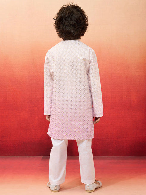 Boys Onion Embroidered Cotton Kurta with Cream Pyjama