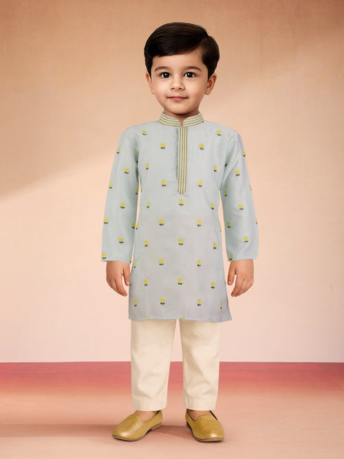 Boys Aqua Satin Floral Kurta Pajama Set