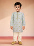 Boys Aqua Satin Floral Kurta Pajama Set