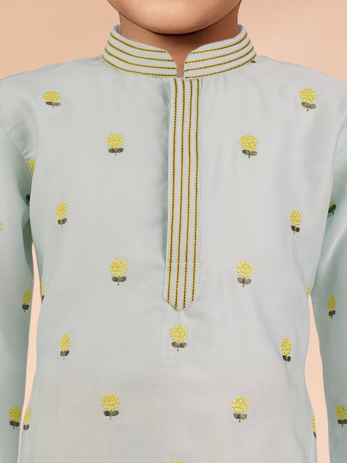 Boys Aqua Satin Floral Kurta Pajama Set