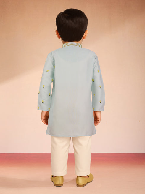 Boys Aqua Satin Floral Kurta Pajama Set