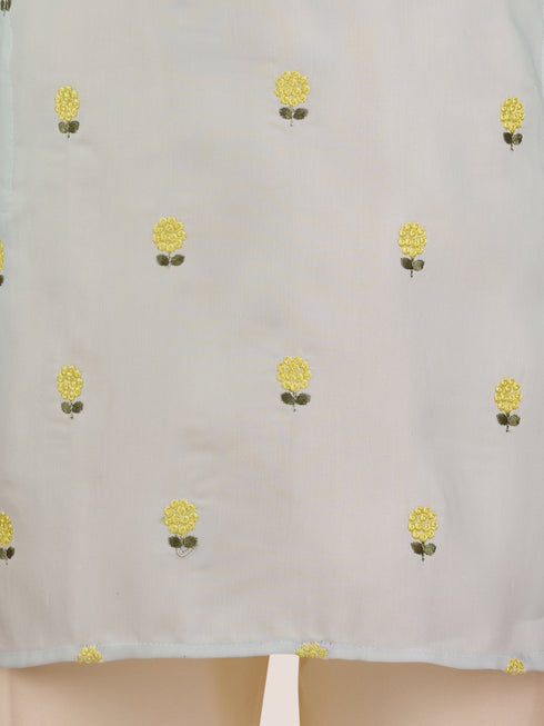 Boys Aqua Satin Floral Kurta Pajama Set