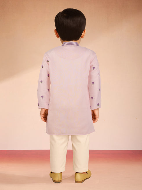 Boys Baby Pink Satin Floral Kurta Pajama Set