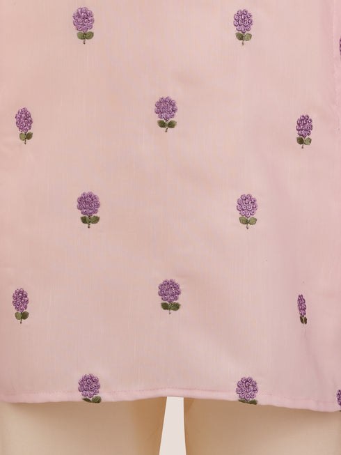 Boys Baby Pink Satin Floral Kurta Pajama Set