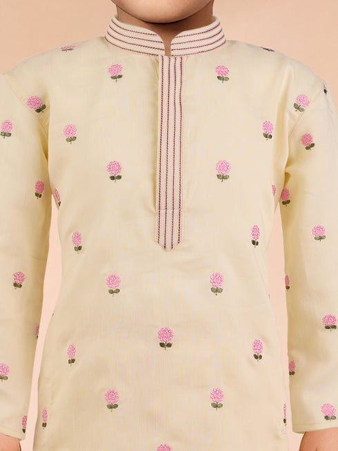 Boys Light Yellow Satin Floral Kurta Pajama Set
