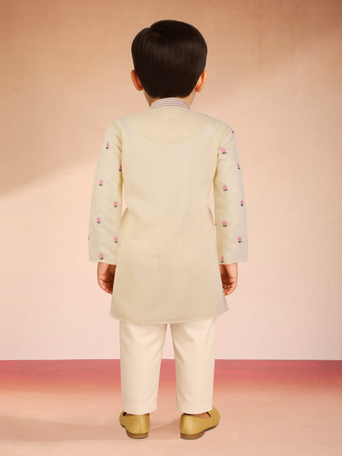 Boys Light Yellow Satin Floral Kurta Pajama Set