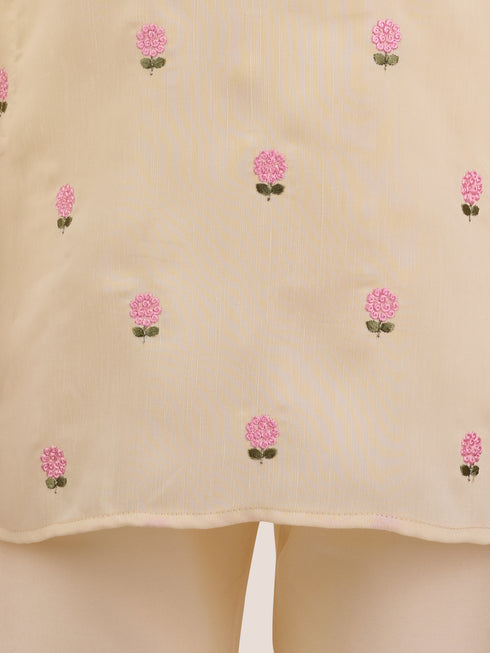Boys Light Yellow Satin Floral Kurta Pajama Set