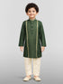 Boy's Dark Green Silk-Blend Embroidered Knee Length Kurta and Pyjama Set