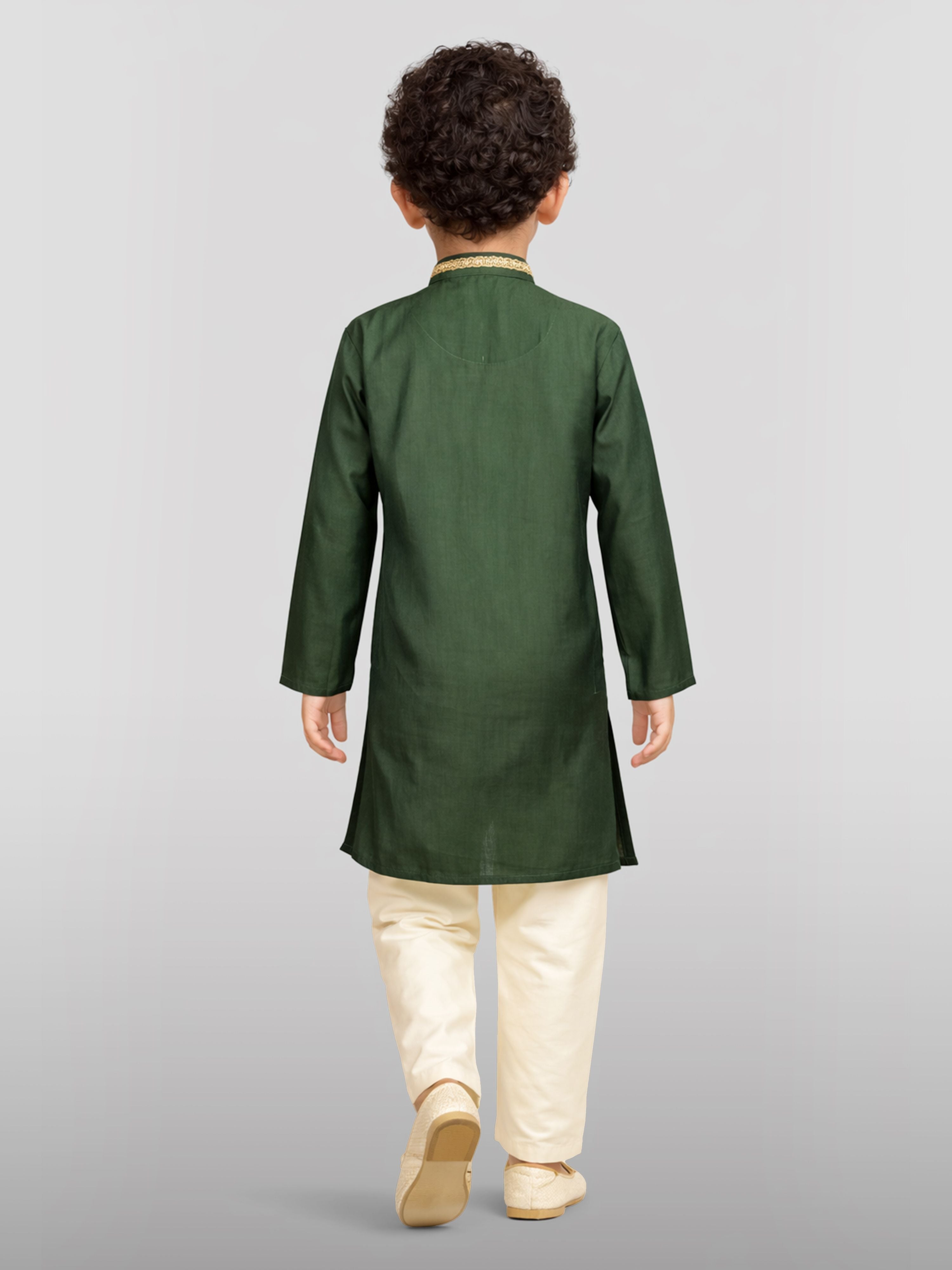 Boy's Dark Green Silk-Blend Embroidered Knee Length Kurta and Pyjama Set