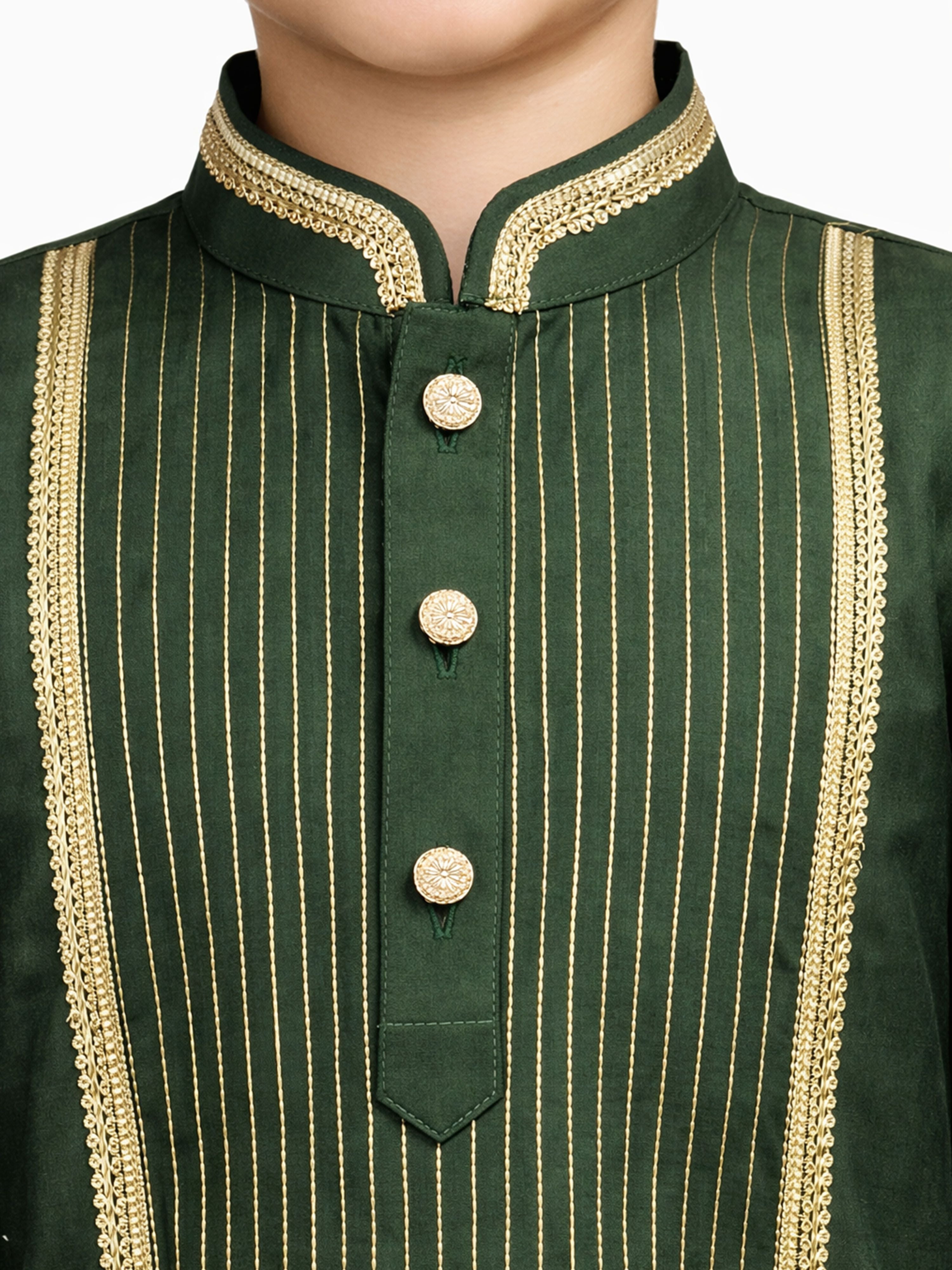 Boy's Dark Green Silk-Blend Embroidered Knee Length Kurta and Pyjama Set