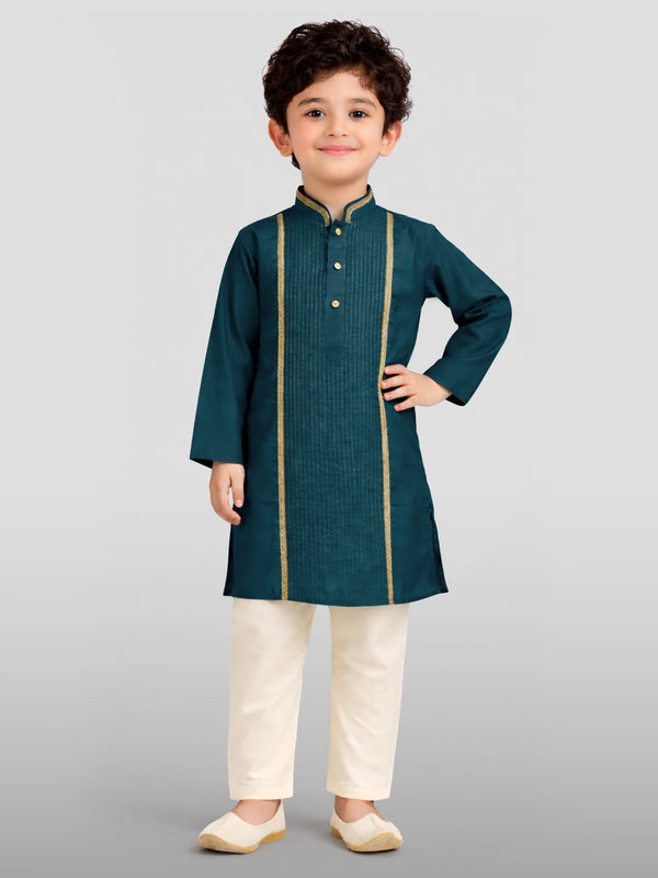 Boy's Turquoise Zari Embroidered Kurta Pyjama