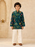 Boy's Dark Green Muslin Floral Print Thigh Length Kurta and Wide Leg Pant