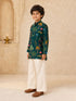 Boy's Dark Green Muslin Floral Print Thigh Length Kurta and Wide Leg Pant