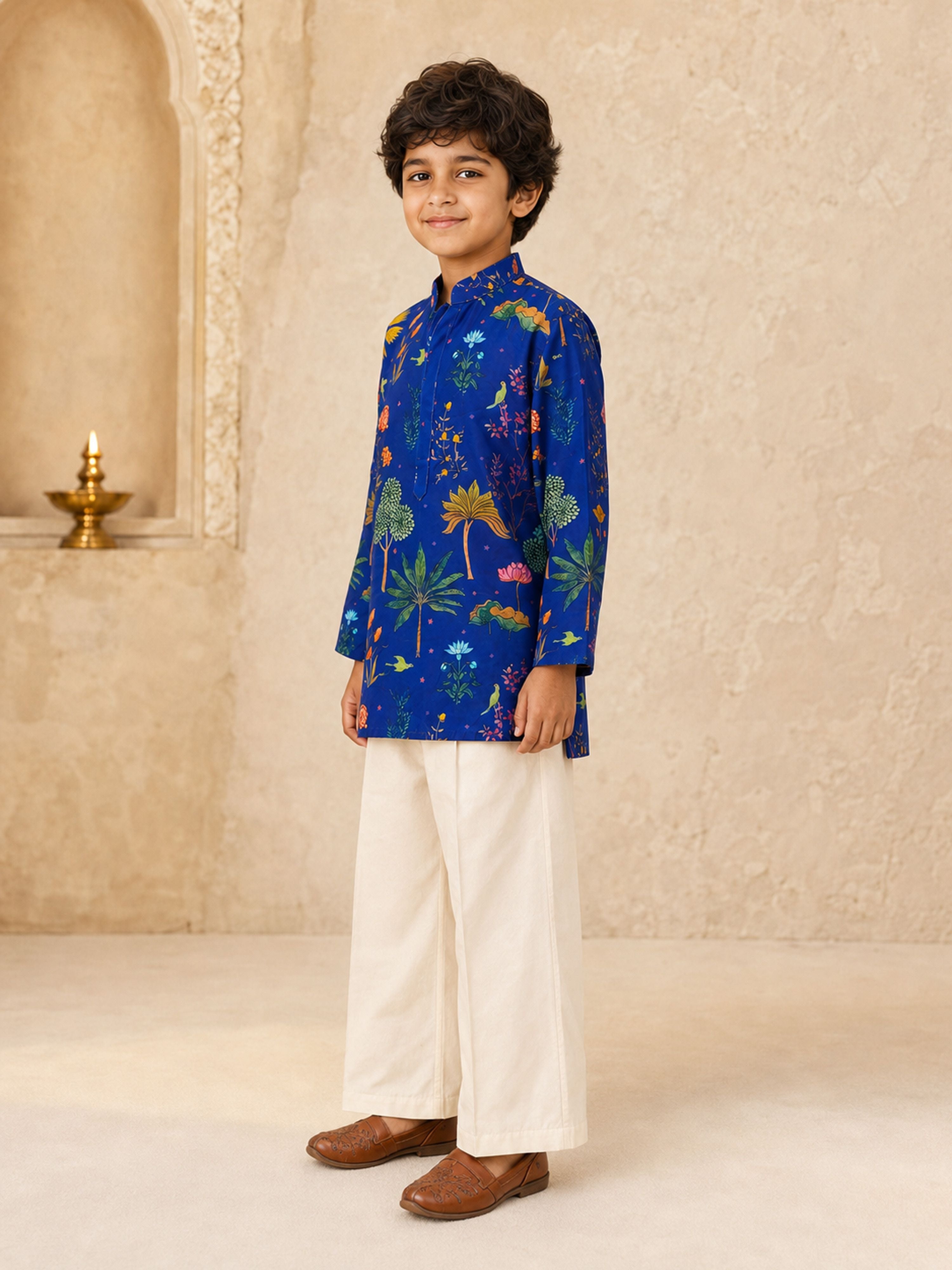 Boy's Blue Muslin Floral Print Thigh Length Kurta and Wide Leg Pant