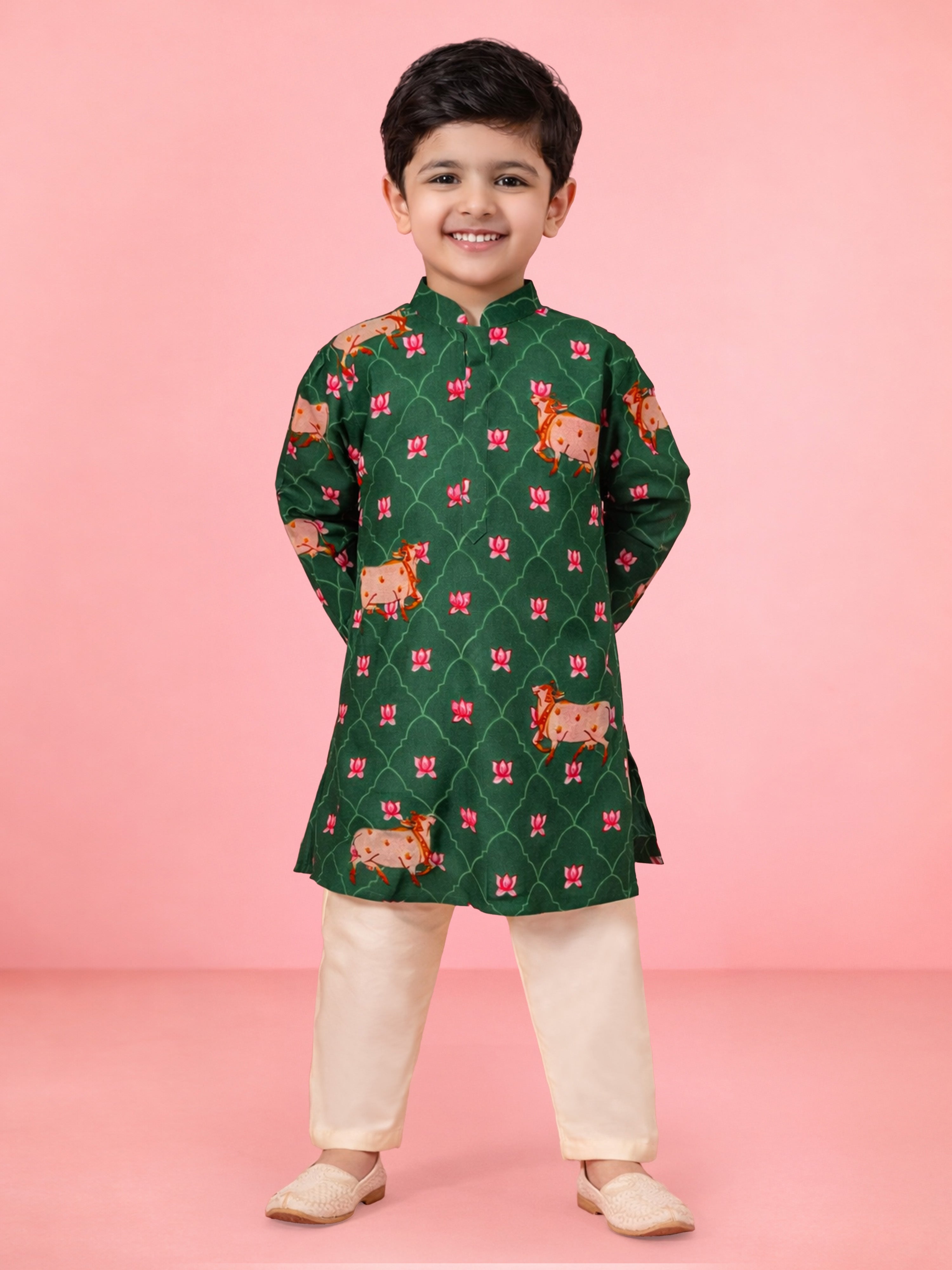 Boys Green Pichwai Cow Print Cotton Kurta Pyjama Set for Wedding & Festive Wear