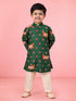 Boys Green Pichwai Cow Print Cotton Kurta Pyjama Set for Wedding & Festive Wear