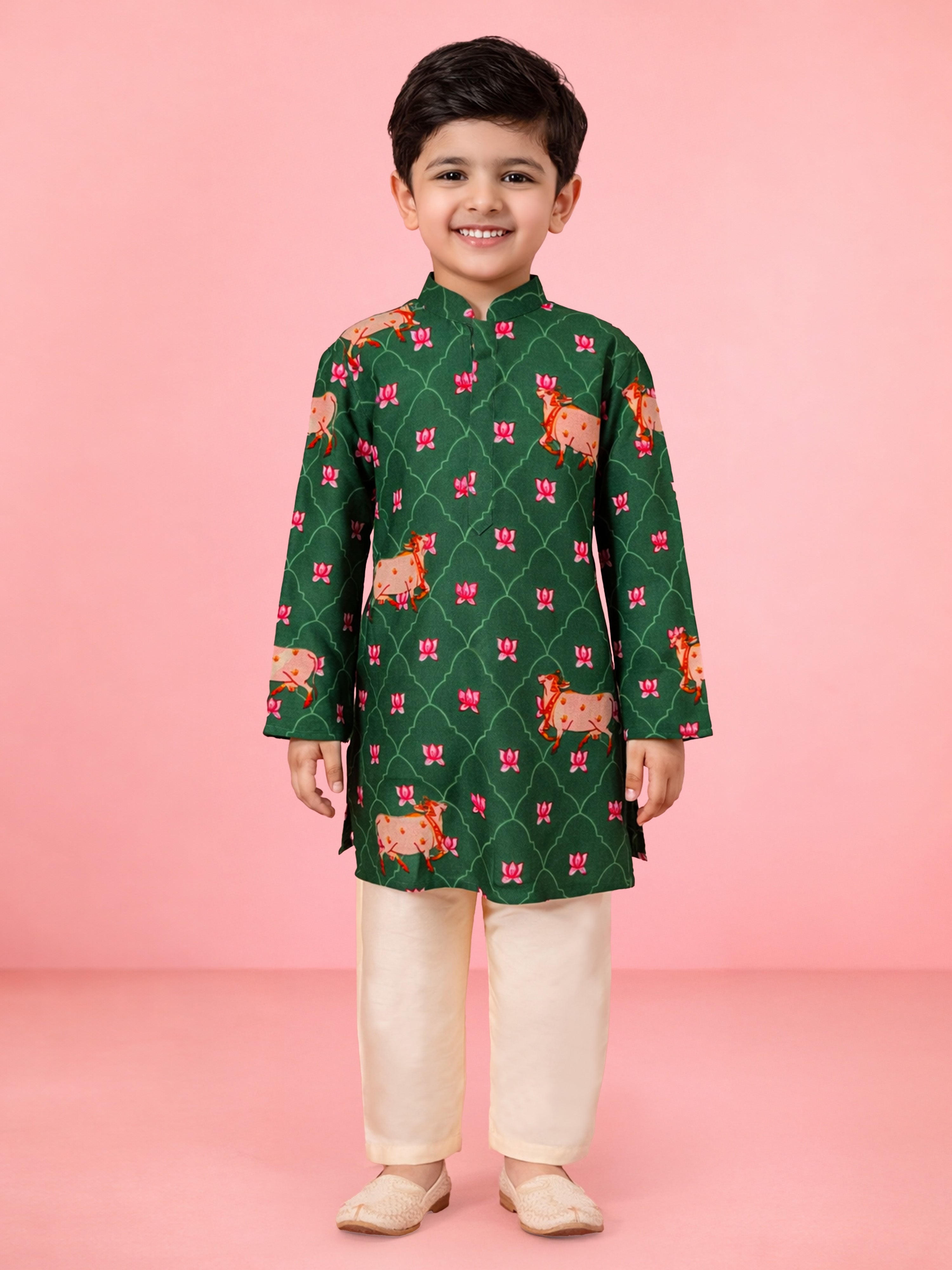 Boys Green Pichwai Cow Print Cotton Kurta Pyjama Set for Wedding & Festive Wear