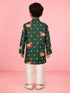 Boys Green Pichwai Cow Print Cotton Kurta Pyjama Set for Wedding & Festive Wear