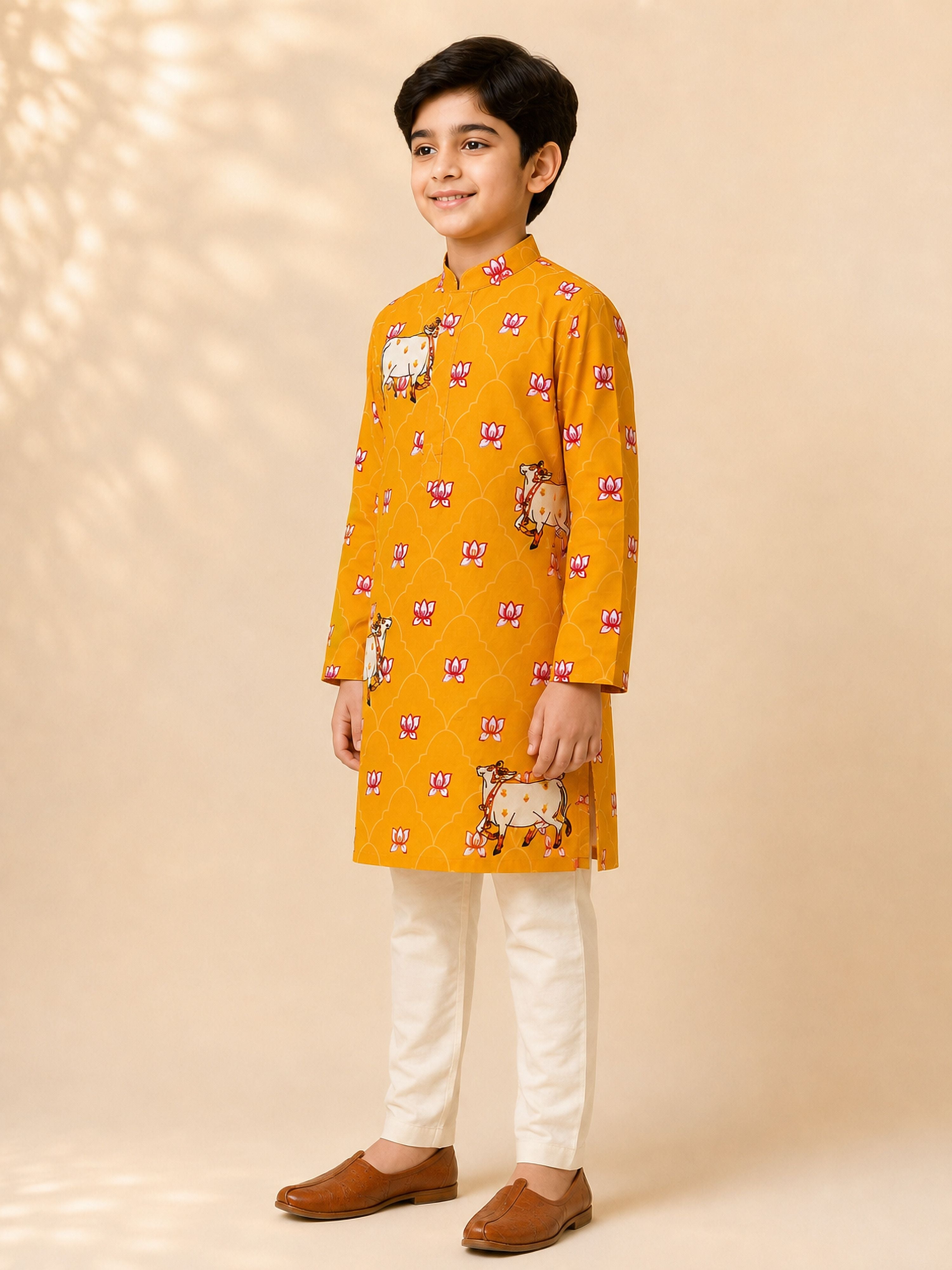 Boy's Mustard Rayon Ethnic Motifs Knee Length Kurta and Pyjama