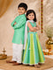 Girls' Sage Green Cotton Bandhani Print Lehenga Set with White Chiffon Dupatta - Sleeveless Festive Ethnic Wear