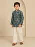 Boy Dark Green Silk Blend Kurta and Wide Leg Pant Ethnic Wear